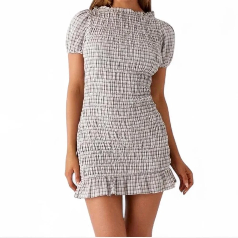 Peppermayo White & Light Gray Smocked Plaid Mini Dress - Picture 2 of 4